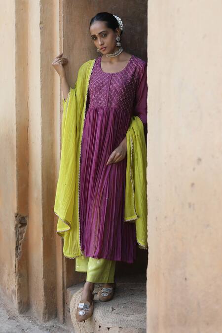 Label Kinjal Modi_Purple Chanderi, Silk Sequins, Embroidery Round Sleeve Hem Anarkali Pant Set _Online_at_Aza_Fashions