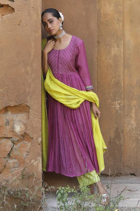Buy_Label Kinjal Modi_Purple Chanderi, Silk Sequins, Embroidery Round Sleeve Hem Anarkali Pant Set _Online_at_Aza_Fashions