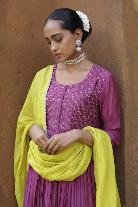 Shop_Label Kinjal Modi_Purple Chanderi, Silk Sequins, Embroidery Round Sleeve Hem Anarkali Pant Set _Online_at_Aza_Fashions