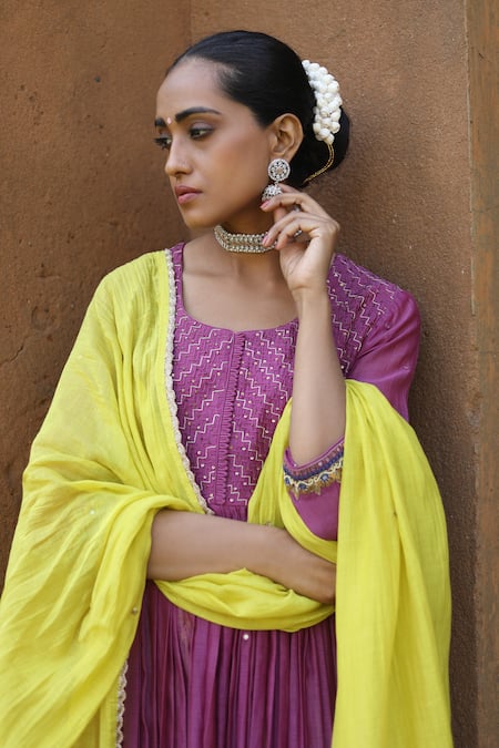 Label Kinjal Modi_Purple Chanderi, Silk Sequins, Embroidery Round Sleeve Hem Anarkali Pant Set _at_Aza_Fashions