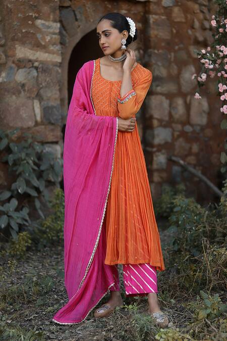 Label Kinjal Modi_Orange , , Sequins, Sleeve Hem Work Anarkali Pant Set _Online_at_Aza_Fashions