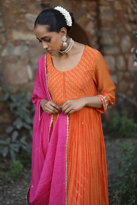 Shop_Label Kinjal Modi_Orange , , Sequins, Sleeve Hem Work Anarkali Pant Set _Online_at_Aza_Fashions