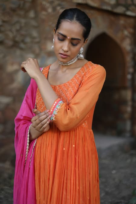 Label Kinjal Modi_Orange , , Sequins, Sleeve Hem Work Anarkali Pant Set _at_Aza_Fashions