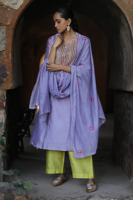 Label Kinjal Modi_Purple Chanderi Sequins, Mirrors, Embroidery, Lace Round Neck Kurta Pant Set _Online_at_Aza_Fashions