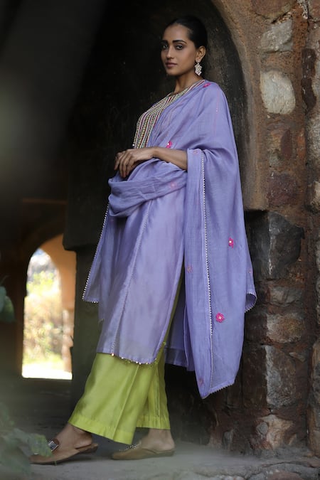 Buy_Label Kinjal Modi_Purple Chanderi Sequins, Mirrors, Embroidery, Lace Round Neck Kurta Pant Set _Online_at_Aza_Fashions