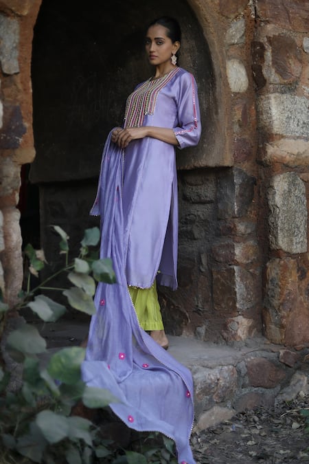 Shop_Label Kinjal Modi_Purple Chanderi Sequins, Mirrors, Embroidery, Lace Round Neck Kurta Pant Set _Online_at_Aza_Fashions