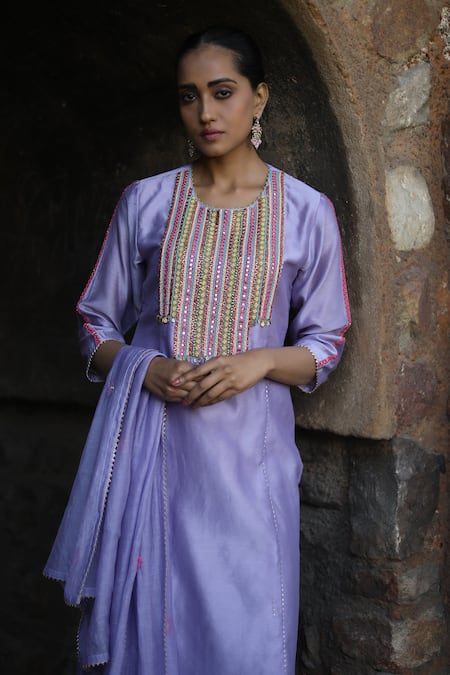 Label Kinjal Modi_Purple Chanderi Sequins, Mirrors, Embroidery, Lace Round Neck Kurta Pant Set _at_Aza_Fashions