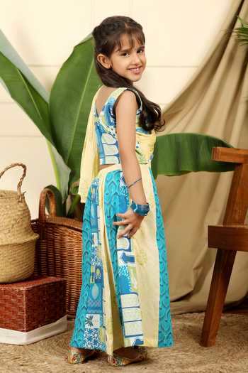 Buy_Miko Lolo_Blue Cotton Print Abstract Floral Manara Lehenga With Blouse_Online_at_Aza_Fashions