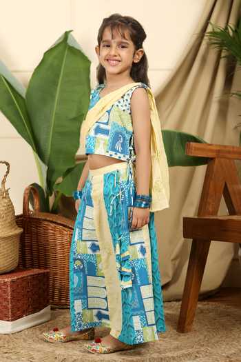Shop_Miko Lolo_Blue Cotton Print Abstract Floral Manara Lehenga With Blouse_Online_at_Aza_Fashions