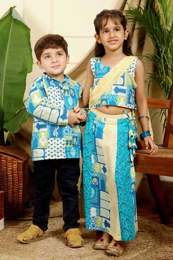 Miko Lolo_Blue Cotton Print Abstract Floral Manara Lehenga With Blouse_at_Aza_Fashions