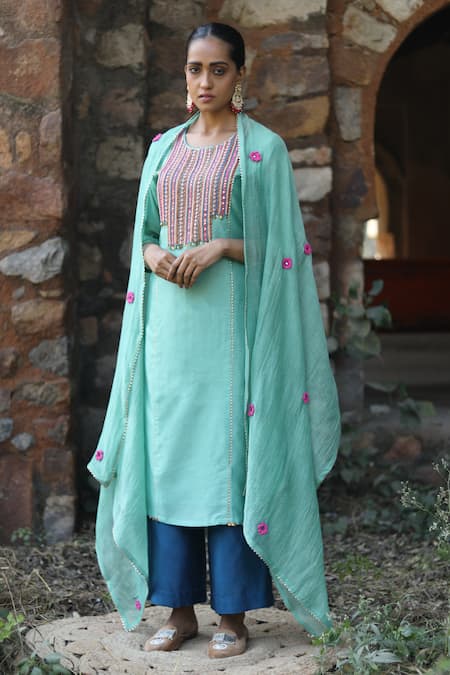 Label Kinjal Modi_Green Chanderi Sequins, Embroidery, Mirrors Round Neck Thread Kurta Pant Set _at_Aza_Fashions