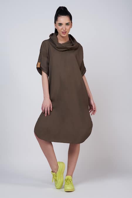 Krati Jain Brown Cotton Blend Shirting Fabric Plain Cowl Neck Dress 