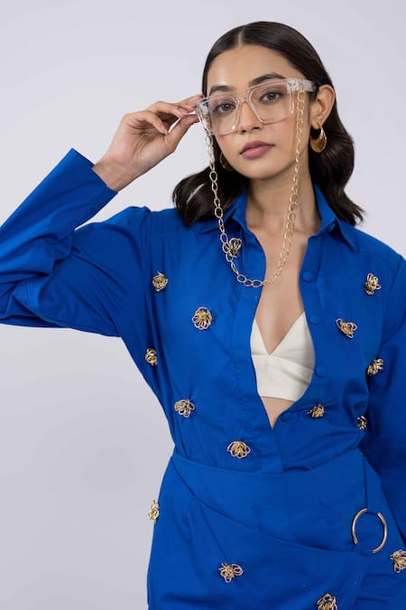 Buy The Dramebaaz CO Blue Cotton Embroidery, Metallic Thread Shawl Neck Chain Embellished Skirt Set Online at Aza Fashions Buy_The Dramebaaz CO_Blue Cotton Embroidery, Metallic Thread Shawl Neck Chain Embellished Skirt Set _Online_at_Aza_Fashions