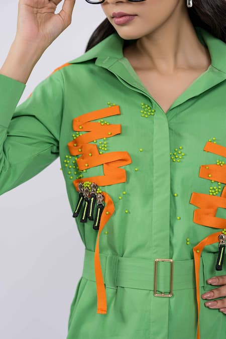 The Dramebaaz CO Green Cotton Beads, Buckles Collared Work Shirt Dress With Belt Online at Aza Fashions The Dramebaaz CO_Green Cotton Beads, Buckles Collared Work Shirt Dress With Belt _Online_at_Aza_Fashions