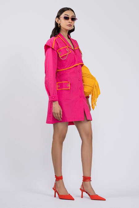 The Dramebaaz CO Pink Cotton Chains Shawl Neck Trench Dress With Eyelet Details Online at Aza Fashions The Dramebaaz CO_Pink Cotton Chains Shawl Neck Trench Dress With Eyelet Details _Online_at_Aza_Fashions