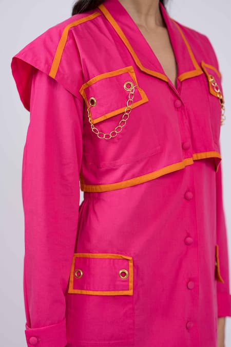 Buy The Dramebaaz CO Pink Cotton Chains Shawl Neck Trench Dress With Eyelet Details Online at Aza Fashions Buy_The Dramebaaz CO_Pink Cotton Chains Shawl Neck Trench Dress With Eyelet Details _Online_at_Aza_Fashions
