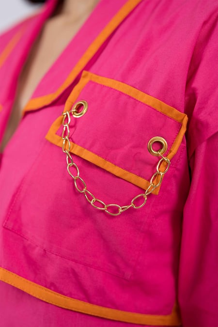 Shop The Dramebaaz CO Pink Cotton Chains Shawl Neck Trench Dress With Eyelet Details Online at Aza Fashions Shop_The Dramebaaz CO_Pink Cotton Chains Shawl Neck Trench Dress With Eyelet Details _Online_at_Aza_Fashions