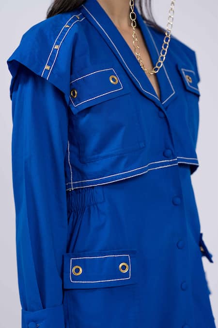 Buy The Dramebaaz CO Blue Cotton Shawl Neck Trench Dress Online at Aza Fashions Buy_The Dramebaaz CO_Blue Cotton Shawl Neck Trench Dress _Online_at_Aza_Fashions
