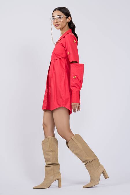 Buy_The Dramebaaz CO_Pink Cotton Chains Collared Metal Embellished Dress And Bustier _Online_at_Aza_Fashions