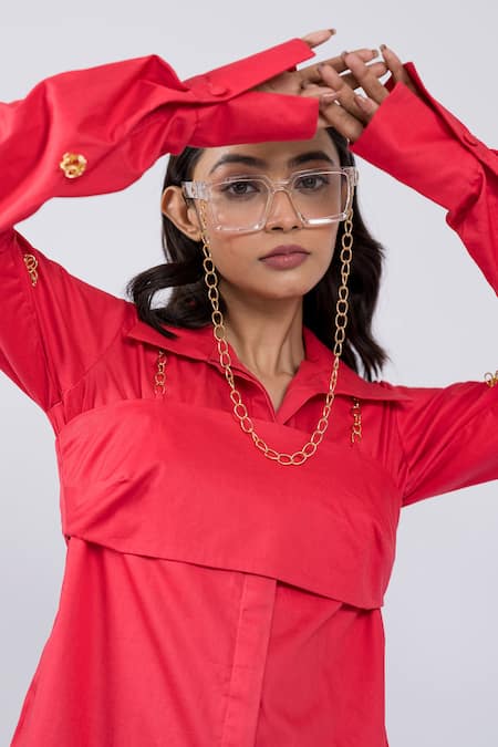 Shop_The Dramebaaz CO_Pink Cotton Chains Collared Metal Embellished Dress And Bustier _Online_at_Aza_Fashions