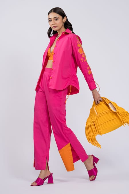 The Dramebaaz CO Pink Cotton Embroidery, Beads Petal Applique Sleeve Shirt And Pant Set Online at Aza Fashions The Dramebaaz CO_Pink Cotton Embroidery, Beads Petal Applique Sleeve Shirt And Pant Set _Online_at_Aza_Fashions