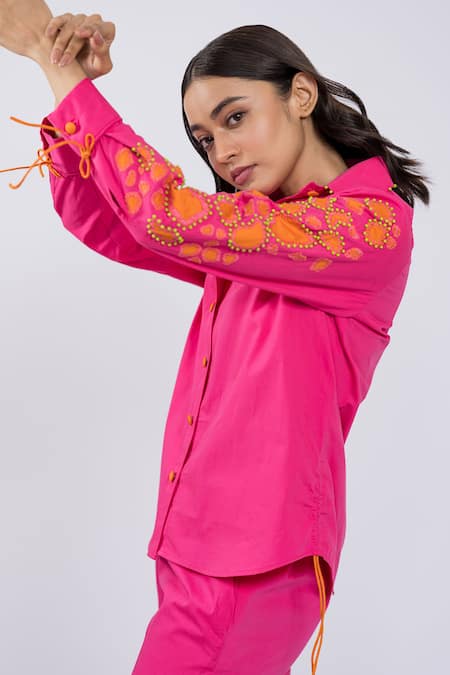 Shop The Dramebaaz CO Pink Cotton Embroidery, Beads Petal Applique Sleeve Shirt And Pant Set Online at Aza Fashions Shop_The Dramebaaz CO_Pink Cotton Embroidery, Beads Petal Applique Sleeve Shirt And Pant Set _Online_at_Aza_Fashions