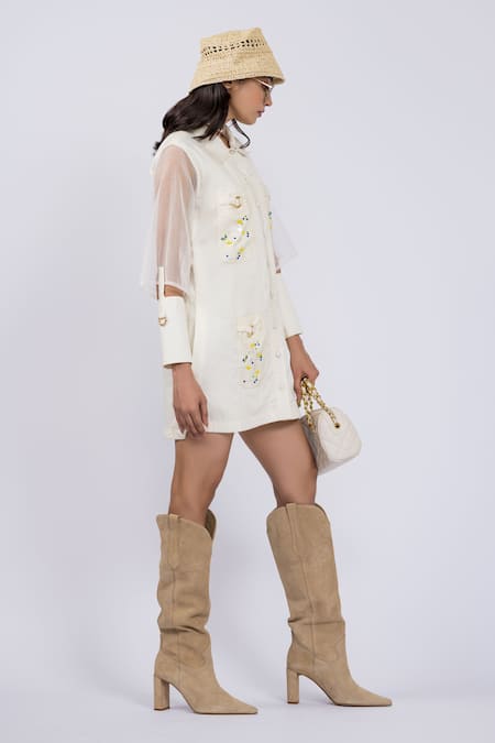 The Dramebaaz CO_Off White Cotton Beads Shawl Neck Work Shirt Dress _Online_at_Aza_Fashions
