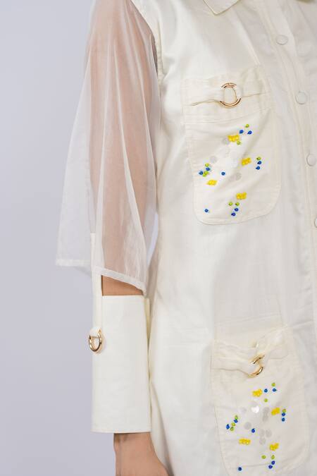 Buy_The Dramebaaz CO_Off White Cotton Beads Shawl Neck Work Shirt Dress _Online_at_Aza_Fashions