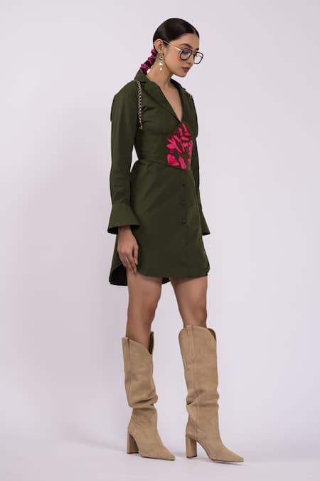 The Dramebaaz CO Green Cotton Applique, Embroidery Split V-neck, Plunge Blazer Dress With Corset Online at Aza Fashions The Dramebaaz CO_Green Cotton Applique, Embroidery Split V-neck, Plunge Blazer Dress With Corset _Online_at_Aza_Fashions