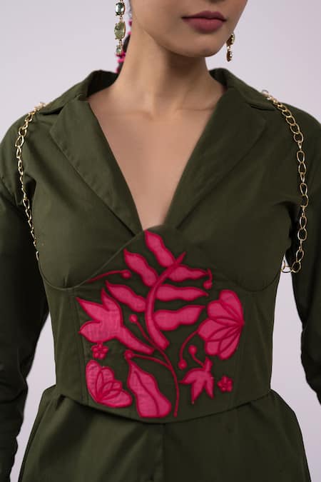 Buy The Dramebaaz CO Green Cotton Applique, Embroidery Split V-neck, Plunge Blazer Dress With Corset Online at Aza Fashions Buy_The Dramebaaz CO_Green Cotton Applique, Embroidery Split V-neck, Plunge Blazer Dress With Corset _Online_at_Aza_Fashions
