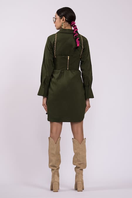 Shop The Dramebaaz CO Green Cotton Applique, Embroidery Split V-neck, Plunge Blazer Dress With Corset at Aza Fashions Shop_The Dramebaaz CO_Green Cotton Applique, Embroidery Split V-neck, Plunge Blazer Dress With Corset _at_Aza_Fashions