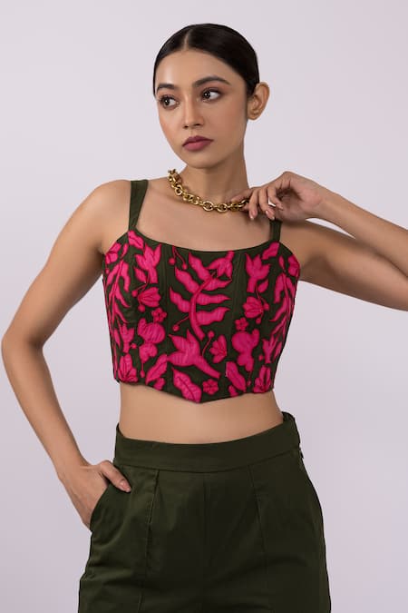 Buy The Dramebaaz CO Green Cotton Applique Square Neck Floral Corset And Pant Set Online at Aza Fashions Buy_The Dramebaaz CO_Green Cotton Applique Square Neck Floral Corset And Pant Set _Online_at_Aza_Fashions