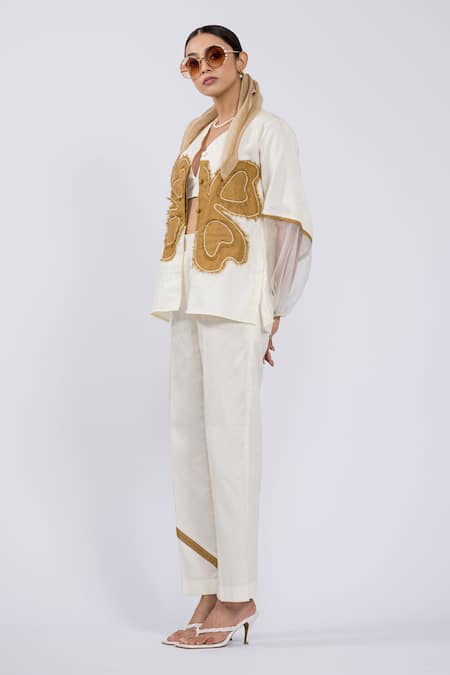The Dramebaaz CO_Off White Cotton Embroidery V-neck Mirage Jacket And Pant Set _Online_at_Aza_Fashions