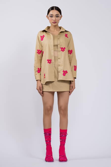 Buy The Dramebaaz CO Beige Cotton Beads, Embroidery, Applique Collared, Roseate Shirt Skirt Set Online at Aza Fashions Buy_The Dramebaaz CO_Beige Cotton Beads, Embroidery, Applique Collared, Roseate Shirt Skirt Set _Online_at_Aza_Fashions