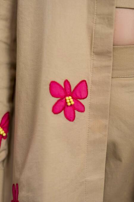 Shop The Dramebaaz CO Beige Cotton Beads, Embroidery, Applique Collared, Roseate Shirt Skirt Set Online at Aza Fashions Shop_The Dramebaaz CO_Beige Cotton Beads, Embroidery, Applique Collared, Roseate Shirt Skirt Set _Online_at_Aza_Fashions