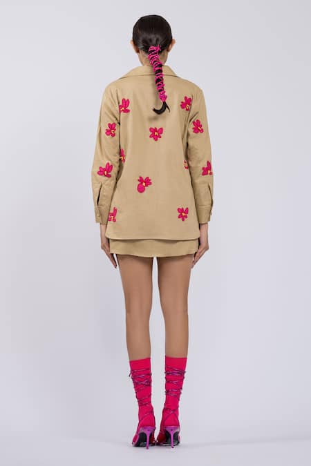 Shop The Dramebaaz CO Beige Cotton Beads, Embroidery, Applique Collared, Roseate Shirt Skirt Set at Aza Fashions Shop_The Dramebaaz CO_Beige Cotton Beads, Embroidery, Applique Collared, Roseate Shirt Skirt Set _at_Aza_Fashions