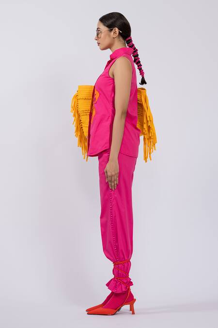 Shop The Dramebaaz CO Pink Cotton Beads, Embroidery, Applique Collared Blossom Haze Shirt And Pant Set Online at Aza Fashions Shop_The Dramebaaz CO_Pink Cotton Beads, Embroidery, Applique Collared Blossom Haze Shirt And Pant Set _Online_at_Aza_Fashions