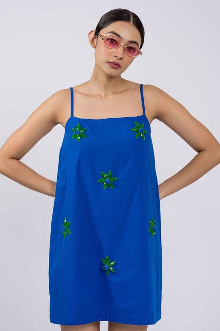 The Dramebaaz CO Blue Cotton Beads Square Neck Electric Embellished Spaghetti Dress Online at Aza Fashions The Dramebaaz CO_Blue Cotton Beads Square Neck Electric Embellished Spaghetti Dress _Online_at_Aza_Fashions