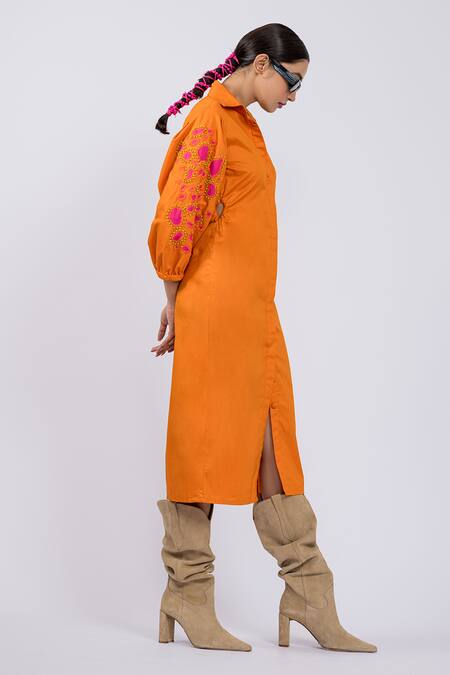 The Dramebaaz CO Orange Cotton Beads, Applique Collared Tangerine Shirt Dress Online at Aza Fashions The Dramebaaz CO_Orange Cotton Beads, Applique Collared Tangerine Shirt Dress _Online_at_Aza_Fashions