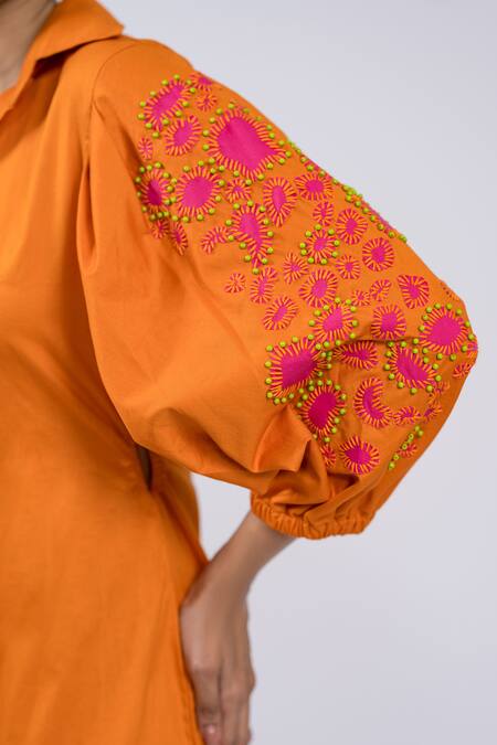 Buy The Dramebaaz CO Orange Cotton Beads, Applique Collared Tangerine Shirt Dress Online at Aza Fashions Buy_The Dramebaaz CO_Orange Cotton Beads, Applique Collared Tangerine Shirt Dress _Online_at_Aza_Fashions
