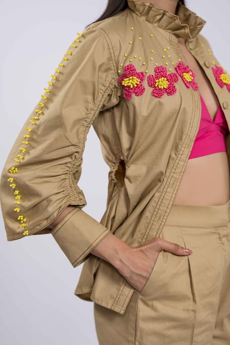 Buy The Dramebaaz CO Beige Cotton Beads, Embroidery Collared Petal Poetry Jacket And Shorts Set Online at Aza Fashions Buy_The Dramebaaz CO_Beige Cotton Beads, Embroidery Collared Petal Poetry Jacket And Shorts Set _Online_at_Aza_Fashions
