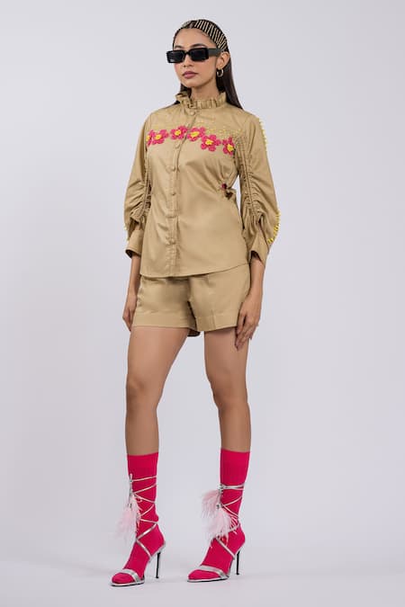 Shop The Dramebaaz CO Beige Cotton Beads, Embroidery Collared Petal Poetry Jacket And Shorts Set Online at Aza Fashions Shop_The Dramebaaz CO_Beige Cotton Beads, Embroidery Collared Petal Poetry Jacket And Shorts Set _Online_at_Aza_Fashions