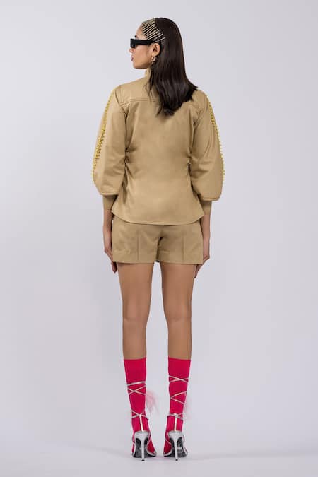 Shop The Dramebaaz CO Beige Cotton Beads, Embroidery Collared Petal Poetry Jacket And Shorts Set at Aza Fashions Shop_The Dramebaaz CO_Beige Cotton Beads, Embroidery Collared Petal Poetry Jacket And Shorts Set _at_Aza_Fashions