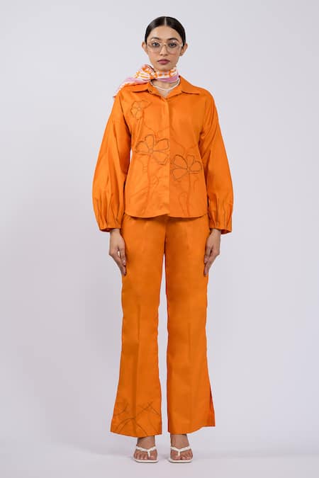 The Dramebaaz CO Tangerine Vintage Garden Embroidered Shirt & Pant Set 