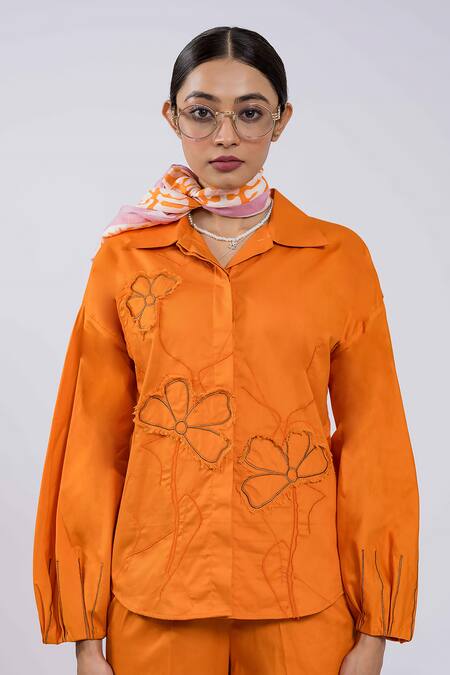 Shop The Dramebaaz CO Orange Cotton Embroidery Collared Tangerine Vintage Garden Shirt And Pant Set Online at Aza Fashions Shop_The Dramebaaz CO_Orange Cotton Embroidery Collared Tangerine Vintage Garden Shirt And Pant Set _Online_at_Aza_Fashions