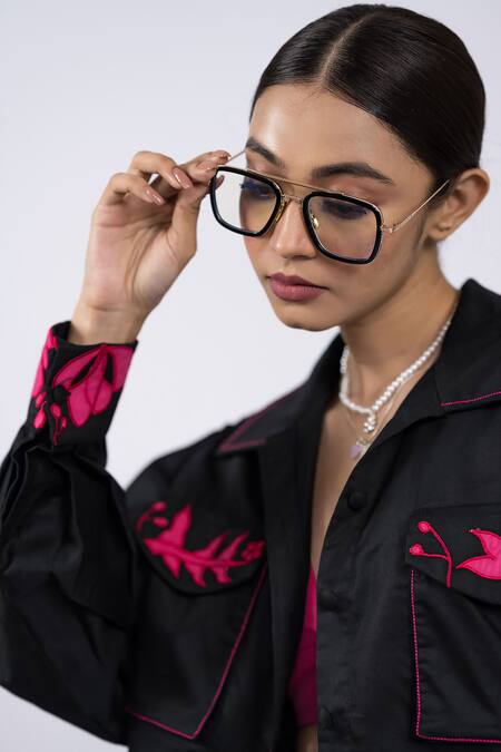 Buy The Dramebaaz CO Black Cotton Embroidery, Applique Collared Jacket And Pant Set Online at Aza Fashions Buy_The Dramebaaz CO_Black Cotton Embroidery, Applique Collared Jacket And Pant Set _Online_at_Aza_Fashions