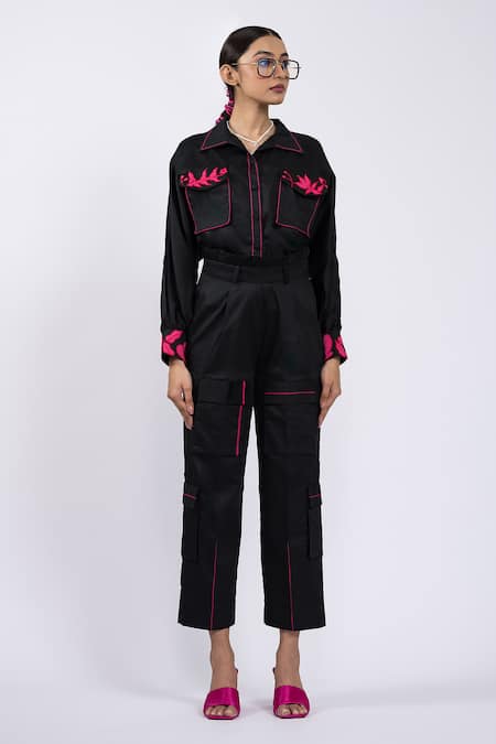 Shop The Dramebaaz CO Black Cotton Embroidery, Applique Collared Jacket And Pant Set Online at Aza Fashions Shop_The Dramebaaz CO_Black Cotton Embroidery, Applique Collared Jacket And Pant Set _Online_at_Aza_Fashions