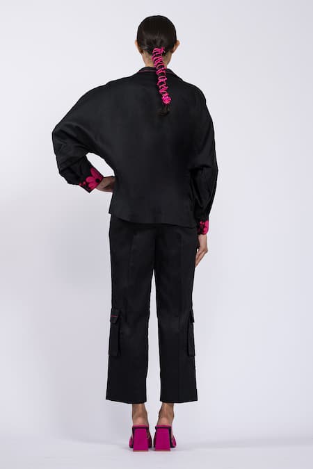 Shop The Dramebaaz CO Black Cotton Embroidery, Applique Collared Jacket And Pant Set at Aza Fashions Shop_The Dramebaaz CO_Black Cotton Embroidery, Applique Collared Jacket And Pant Set _at_Aza_Fashions