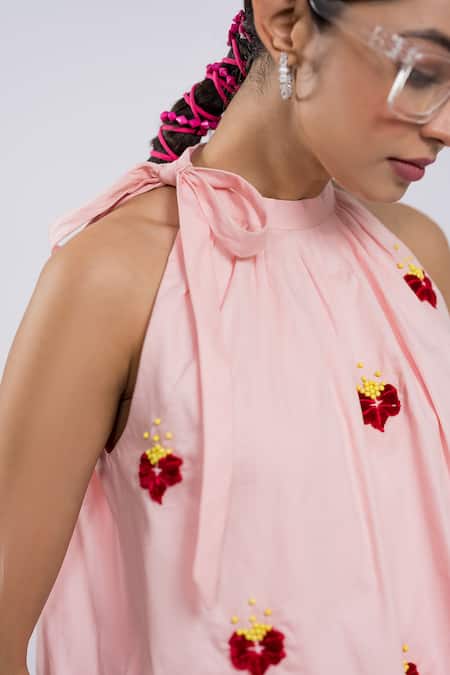 Shop The Dramebaaz CO Pink Cotton Beads Halter Neck Upon Her Blush Top And Pant Set Online at Aza Fashions Shop_The Dramebaaz CO_Pink Cotton Beads Halter Neck Upon Her Blush Top And Pant Set _Online_at_Aza_Fashions