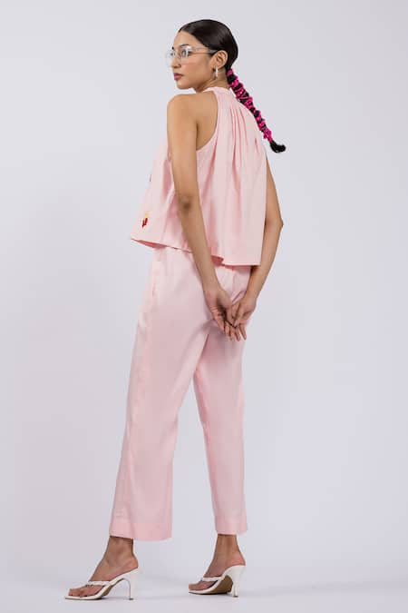 Shop The Dramebaaz CO Pink Cotton Beads Halter Neck Upon Her Blush Top And Pant Set at Aza Fashions Shop_The Dramebaaz CO_Pink Cotton Beads Halter Neck Upon Her Blush Top And Pant Set _at_Aza_Fashions